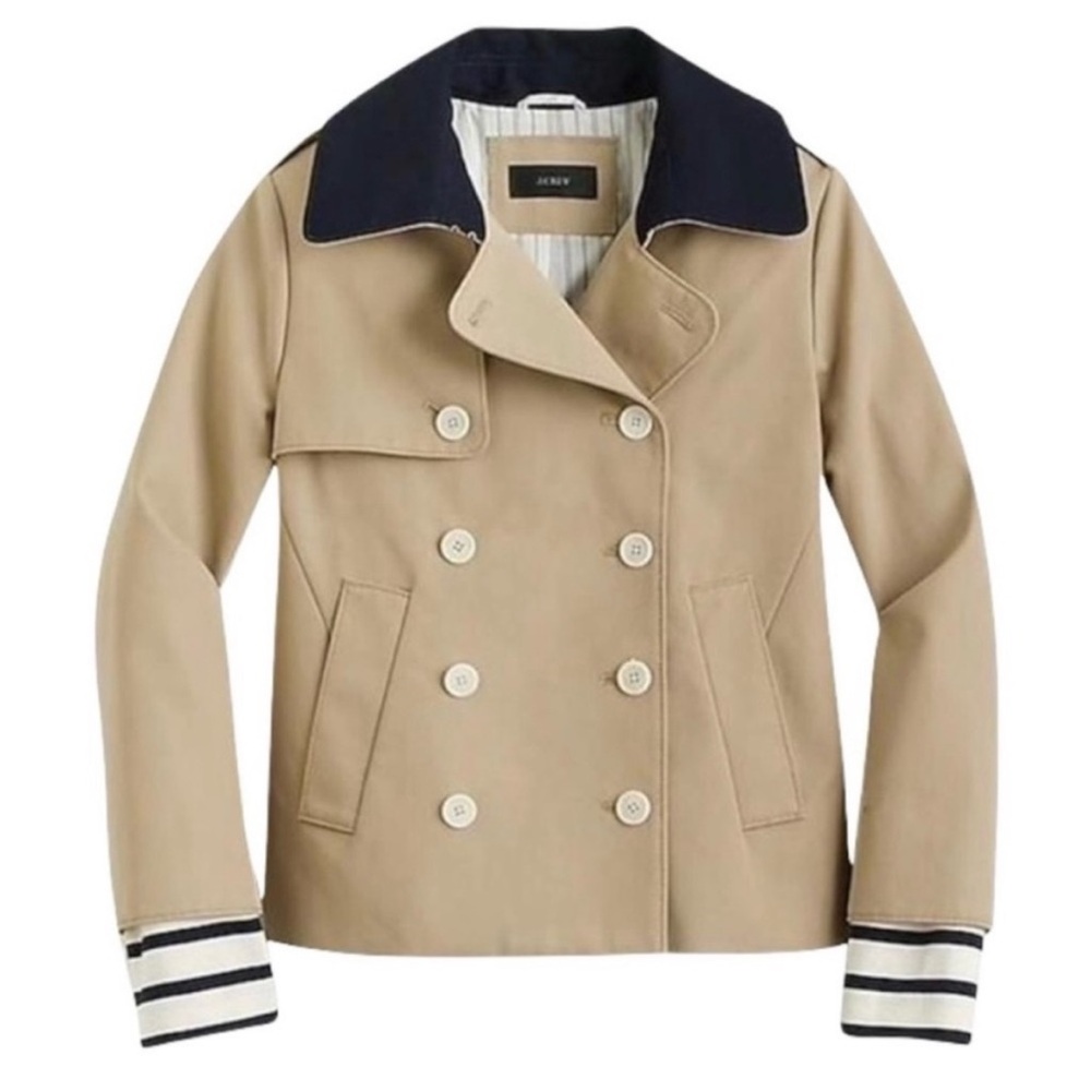 J.Crew Cropped Trench Coat Navy Collar Detachable Striped Cuff Sz 12 NWT